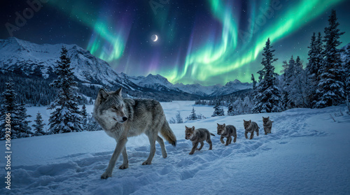 Wolf pack walks through snowy landscape under aurora borealis.