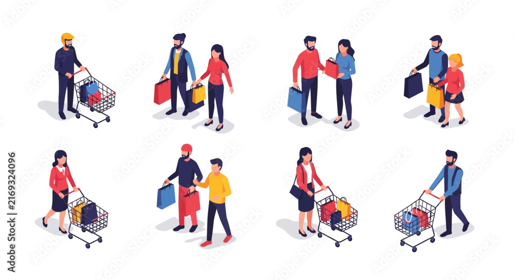 Fototapeta premium Vibrant and clean isometric vector illustration featuring modern geometric designs and colorful 3D elements isolated on a plain background for professional business and tech use.
