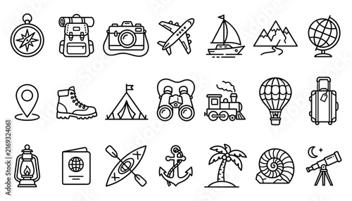 High Detailed Outline Travel Adventure And Tourism Vacation Icon Set For Digital And Print Design