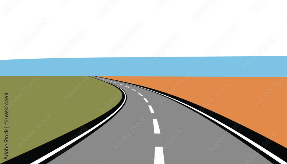 Obraz premium Two lane empty asphalt road curves gently between green and brown hills under a clear blue sky on the horizon.