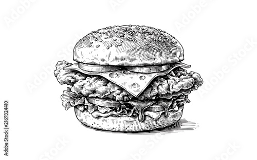 Classic hand drawn burger with sesame seed bun high resolution picture