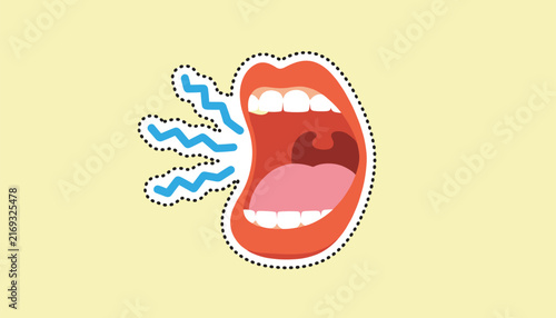 Colorful sticker illustration of an open mouth screaming or shouting with blue sound waves on a yellow background.