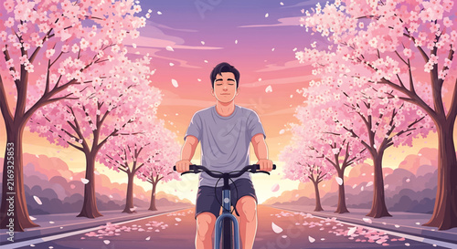 Japanese man riding bicycle under blooming cherry blossom trees in spring sunset park landscape. Floral background concept illustration design. Cycling through sakura nature scenery.