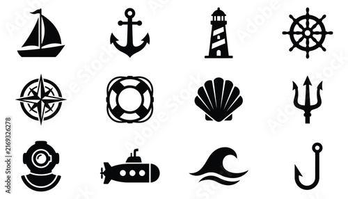 Collection of nautical marine and ocean theme silhouette icons featuring sailing navigation sea life and maritime travel elements