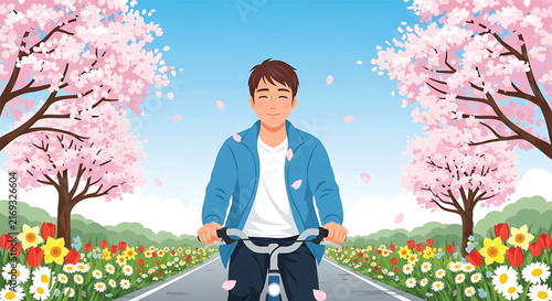 Anime style man riding bicycle through cherry blossom park, spring landscape with blooming sakura trees, happy cyclist on park road vector