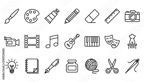 Comprehensive collection of art supplies craft tools and creative equipment outline icons for education and artistic hobby projects
