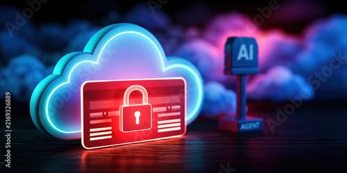 Neon cloud cybersecurity scene with AI agent guarding digital data