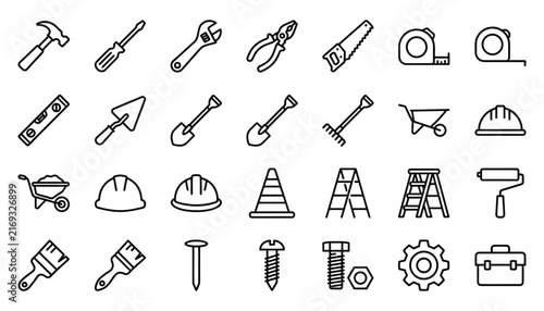 Set of construction hardware tools and building equipment outline icons for repair maintenance carpentry and home improvement projects