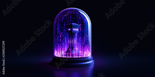 AI agent cybersecurity concept in glowing purple glass chamber with digital grid
