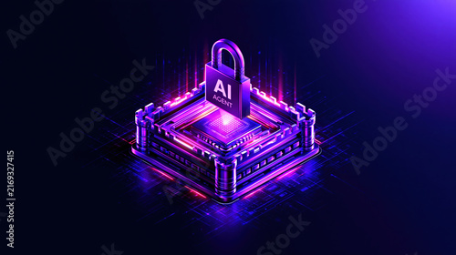Ai agent cybersecurity lock glowing purple circuit board