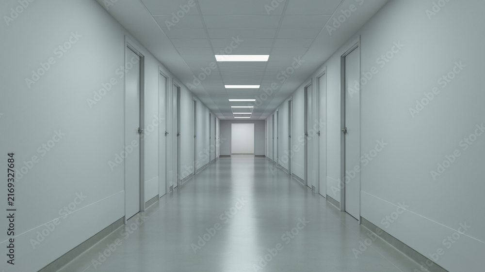 Fototapeta premium Empty Hospital Corridor: A long, sterile hospital corridor stretches into the distance, lined with identical closed doors under bright fluorescent lighting.