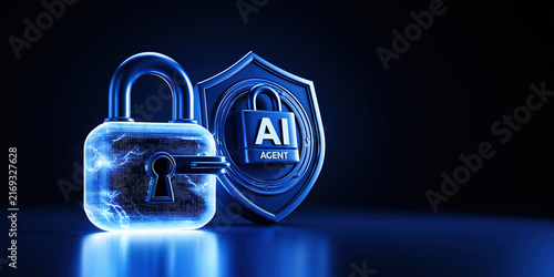 AI agent cybersecurity shield lock concept with blue digital security glow