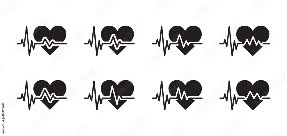 Obraz premium Heart beat icon set showing pulse rhythm lines for medical health monitoring and clinical graphic use.