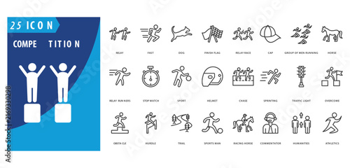 Competition icon set collection in outline style. The icon pack contains  relay,  fast, dog, finish flag, relay race, cap,
group of men running, horse, relay runners, stopwatch,
sport, helmet, chase,
