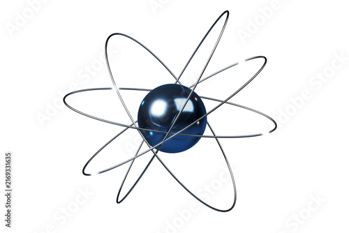 Cuadro en lienzo Glossy blue atom icon with orbiting electron lines, clean graphic style on a white background, symbolizing science