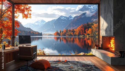 A virtual background for online meetings featuring a beautiful autumn lake view and a cozy indoor fireplace—perfect for a home office setting with a computer desk and scenic scenery.
