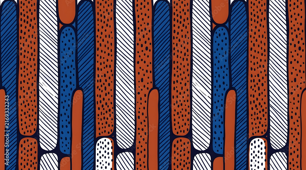 Modern abstract ethnic pattern background | Terracotta and blue vertical stripe wallpaper | Tribal inspired hand drawn seamless texture | Contemporary boho geometric wall art print