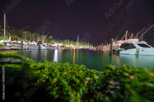 Boats in marina at night with green water edge vegetation with starry sky overhead in Tutukaka