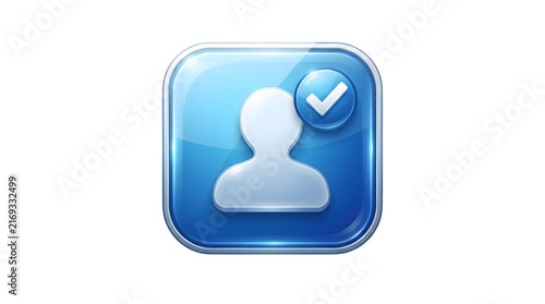 Blue Glossy User Account Icon with Checkmark and Silver Border On Transparent Background