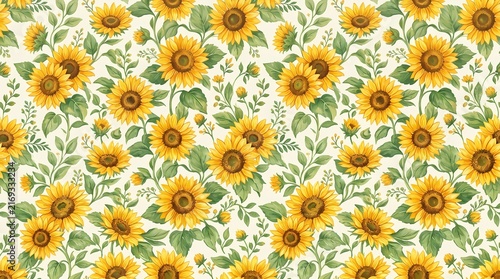Bright sunflower blooms surrounded by lush green leaves forming a cheerful floral backdrop