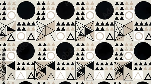 Intricate scandinavian geometric shapes pattern featuring triangles circles and lines in a monochrome palette