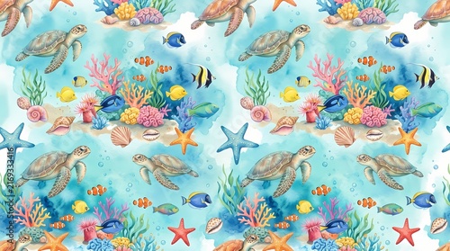 Colorful sea turtles gracefully gliding through lively coral reefs in warm tropical waters