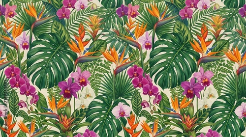 Vibrant rainforest pattern featuring monstera leaves and exotic flowers in a lush tropical arrangement