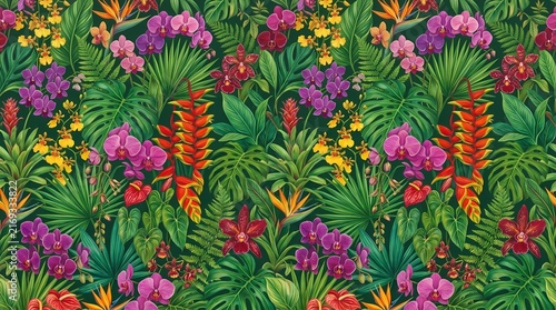 Vibrant rainforest scene with exotic flowers and lush greenery showcasing nature's beauty in a tropical paradise