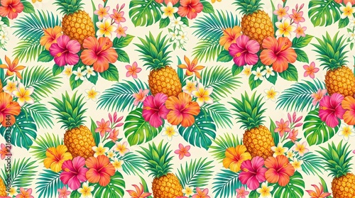 Vibrant tropical pattern featuring pineapples surrounded by colorful hibiscus flowers and lush green leaves