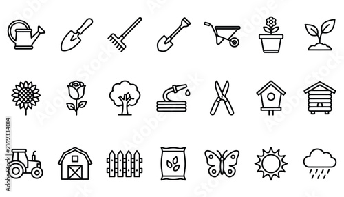 Agriculture Farming Gardening Tools and Nature Elements Line Icon Set for Outdoor Concepts