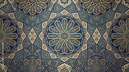 Beautiful moroccan tile design featuring intricate blue and gold patterns ideal for cultural and architectural themes