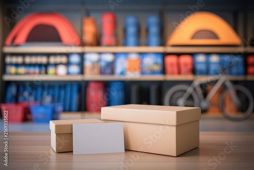 Black Friday outdoor equipment display featuring tents, backpacks, bicycles, travel accessories, product packages, shopping baskets, blank cards, and organized merchandise within a retail space
