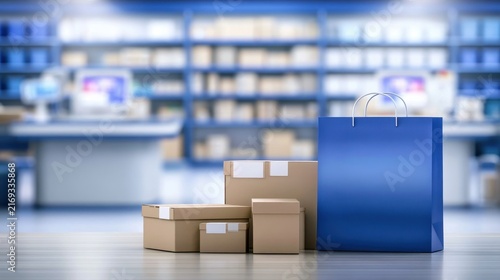 Black Friday retail preparation with shopping bags, product boxes, blank price cards, store shelving, checkout equipment, inventory containers, promotional displays