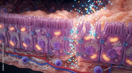 Medical illustration of intestinal colonocyte cells absorbing glowing nutrients in the gut.