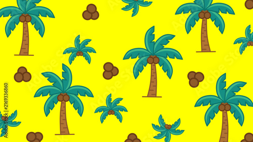 Seamless tropical palm tree and coconut pattern on bright yellow background summer holiday vacation exotic botanical vector illustration backdrop