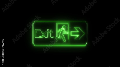 Green neon exit sign glows and flickers on black background.