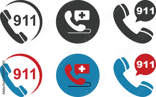Emergency telephone and 911 call vector icon set featuring phone receivers, emergency medical symbols, and alert speech bubbles in dark gray, red, and blue for safety designs.