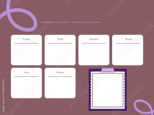 Obraz na płótnie Weekly planner layout with daily boxes and purple background