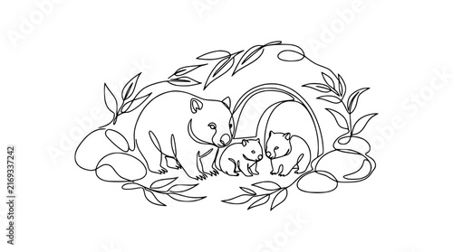 Wombat Family in Burrow, Continuous Line Art