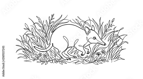 Continuous Line Drawing of a Bilby in Wild Grass and Flowers