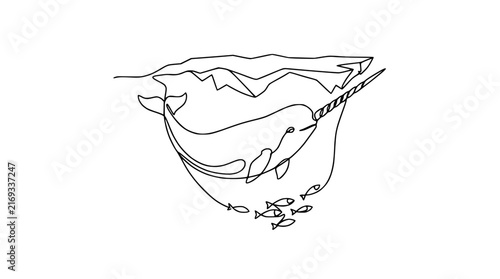 Narwhal Unicorn Whale with Tusk Swimming with Small Fish Under Iceberg