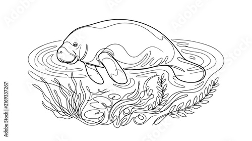 Manatee Swimming in Water with Seaweed, Line Art Illustration, Isolated