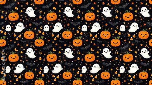 Enchanting halloween backdrop showcasing adorable pumpkins lively ghosts and bats against a mystical night sky