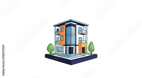 Modern Isometric Luxury House Illustration with Swimming Pool