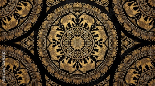 Elegant black background featuring an intricate antique elephant mandala pattern for artistic and design projects
