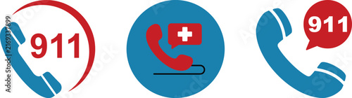 Emergency telephone and 911 call vector icon set featuring phone receivers, emergency medical symbols, and alert speech bubbles in dark gray, red, and blue for safety designs.