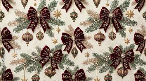 Festive christmas textile pattern featuring elegant bows ornaments and holiday accents for seasonal decor