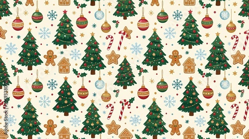 Festive christmas textile pattern featuring trees ornaments gingerbread and snowflakes for holiday decor