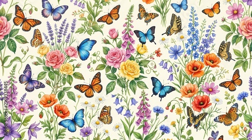 A stunning display of colorful butterflies fluttering gracefully among bright flowers in a beautiful garden landscape