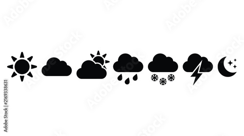 Set of black weather icons showing various atmospheric conditions in a minimalist flat vector illustration style